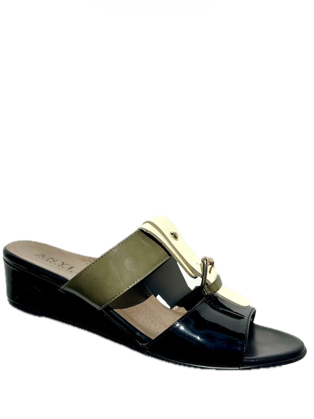Anyi Lu ‘Lucy’ Women’s Patent Black Olive Cream Slip-On Wedge Heel Sandals, 8.5